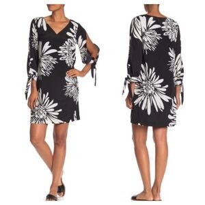 Trina Turk Black Dress Featuring White Flower Accents Bow Tie Sleeves Size L